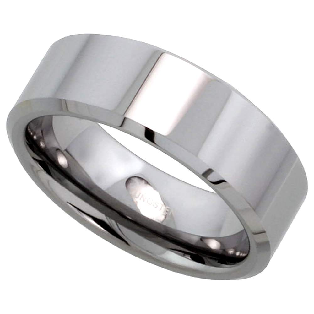 Tungsten Carbide 8 mm Flat Wedding Band Ring His &amp; Hers Mirror Polished Finish Beveled Edges, sizes 5 to 15