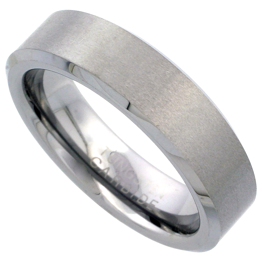 Tungsten Carbide 6 mm Flat Wedding Band Ring Satin Finished Beveled Edges, sizes 7 to 12
