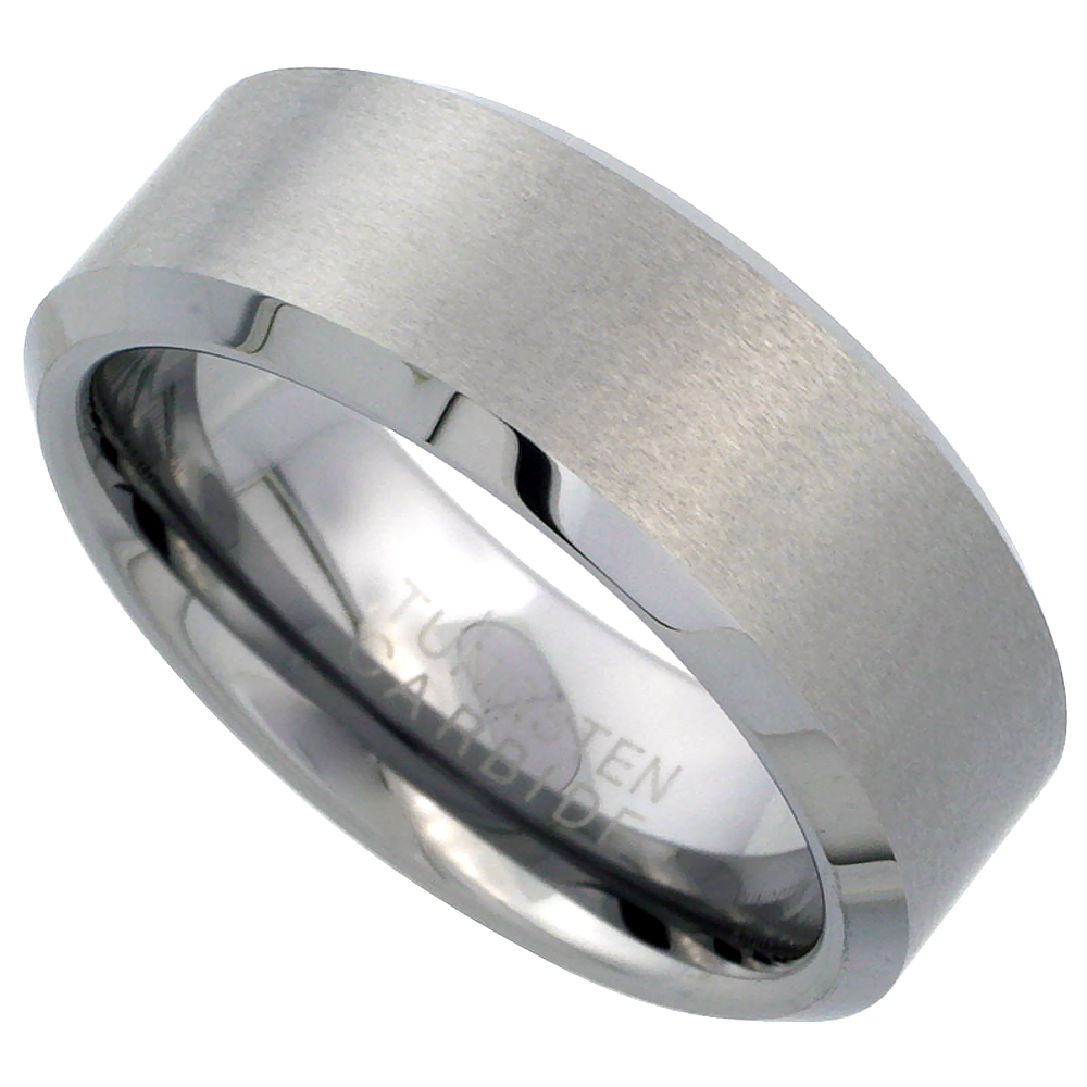 Tungsten Carbide 8 mm Flat Wedding Band Ring Satin Finished Beveled Edges, sizes 9 to 14