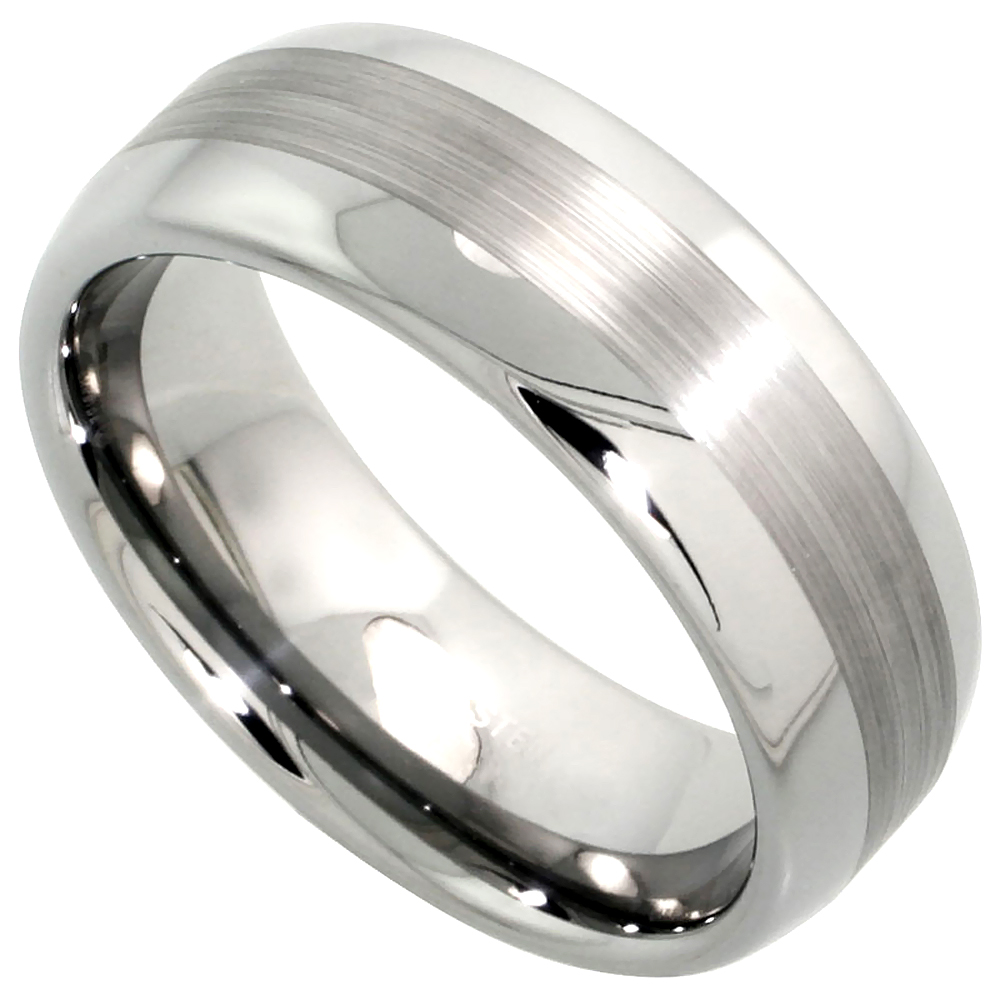 Tungsten Carbide 8 mm Domed Wedding Band Ring Wide Center Stripe Etching, sizes 7 to 14