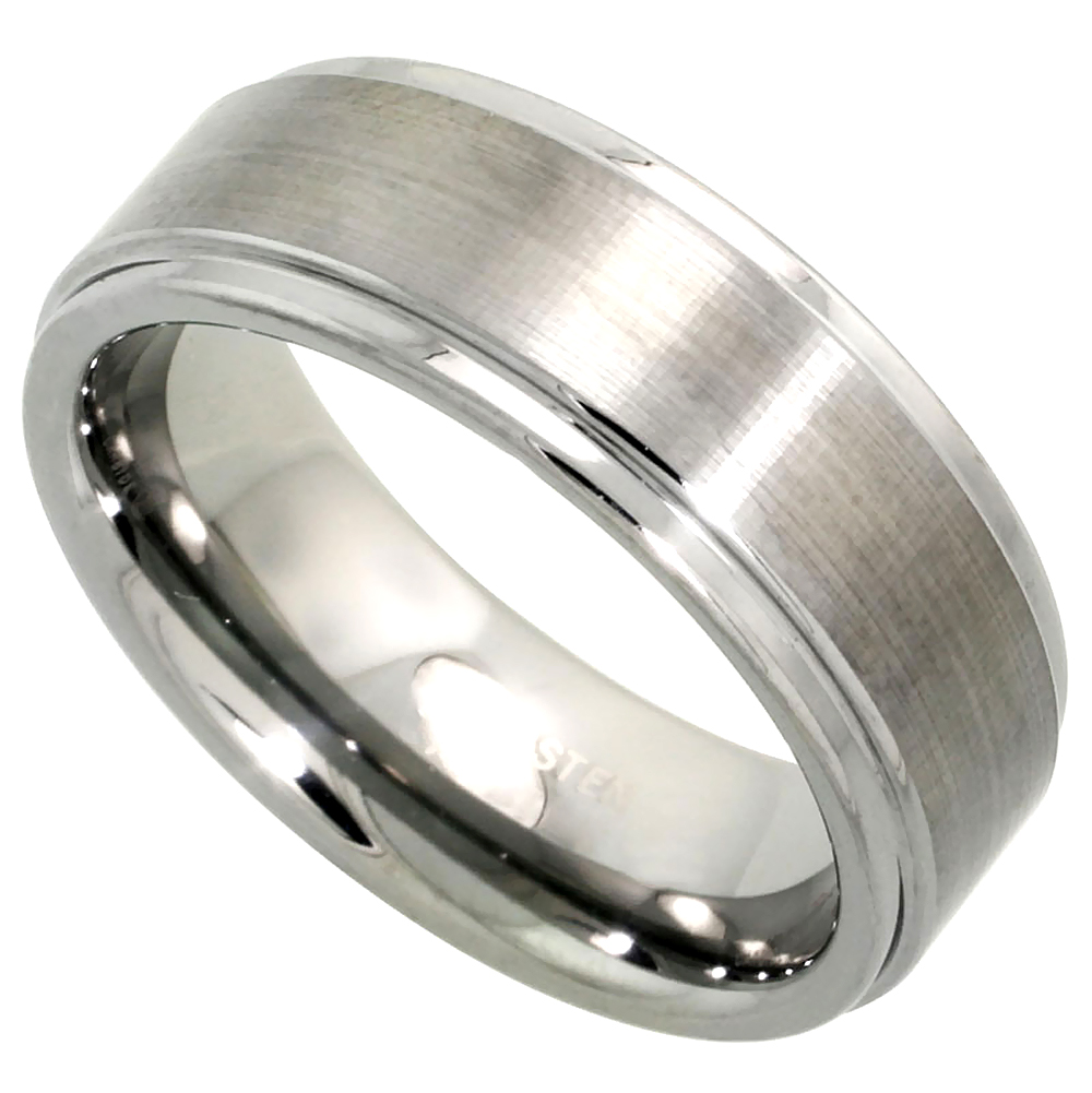 Tungsten Carbide 8 mm Flat Wedding Band Ring Satin Finished Center Recessed Edges, sizes 7 to 14