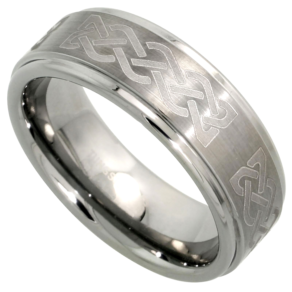 Tungsten Carbide 8 mm Flat Wedding Band Ring Etched Celtic Knot Pattern Satin Finish Recessed Edges, sizes 7 to 14