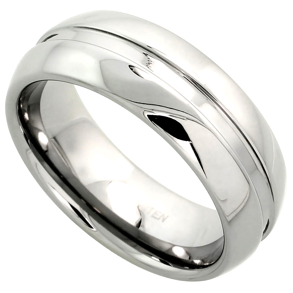 Tungsten Carbide 8 mm Dome Wedding Band Ring Grooved Center Mirror Polished Finish, sizes 7 to 14