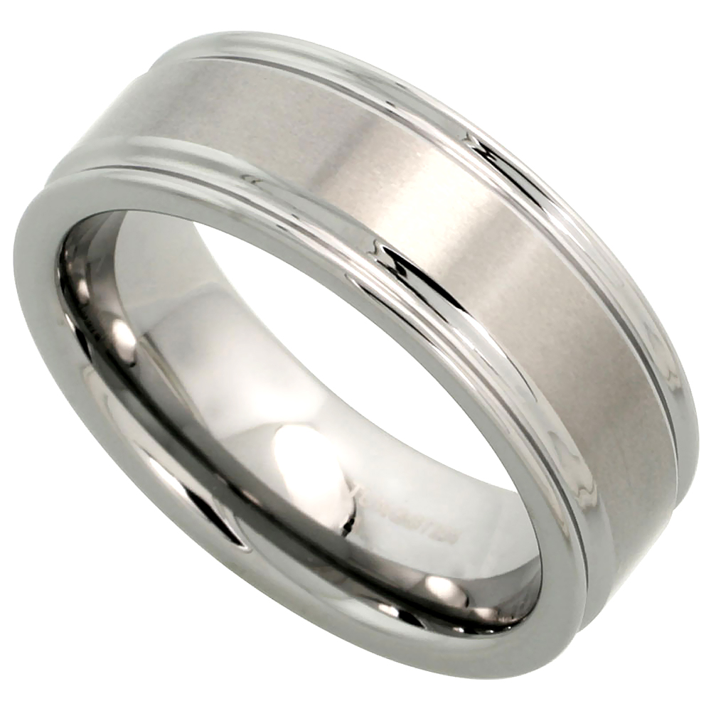 Tungsten Carbide 8 mm Flat Wedding Band Ring Deep Grooved Edges Satin Finished, sizes 7 to 14