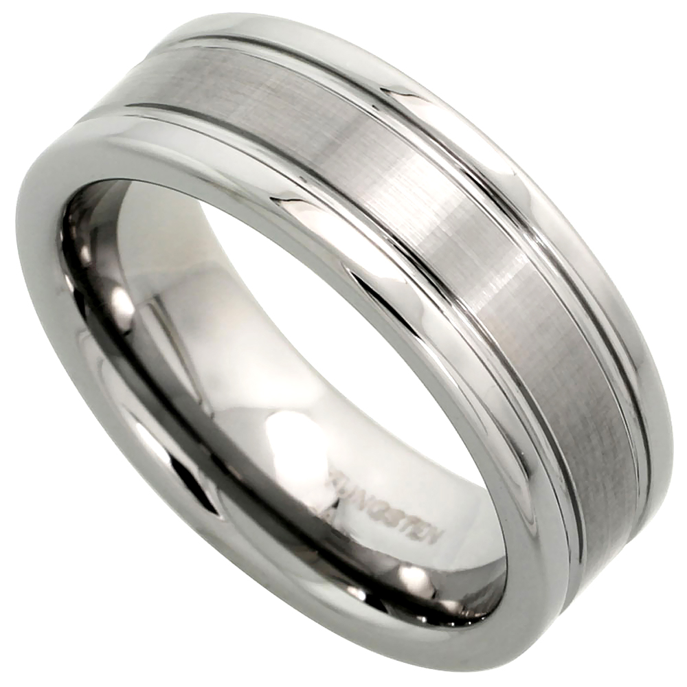 Tungsten Carbide 8 mm Flat Wedding Band Ring Satined Center Grooved Edges, sizes 7 to 14