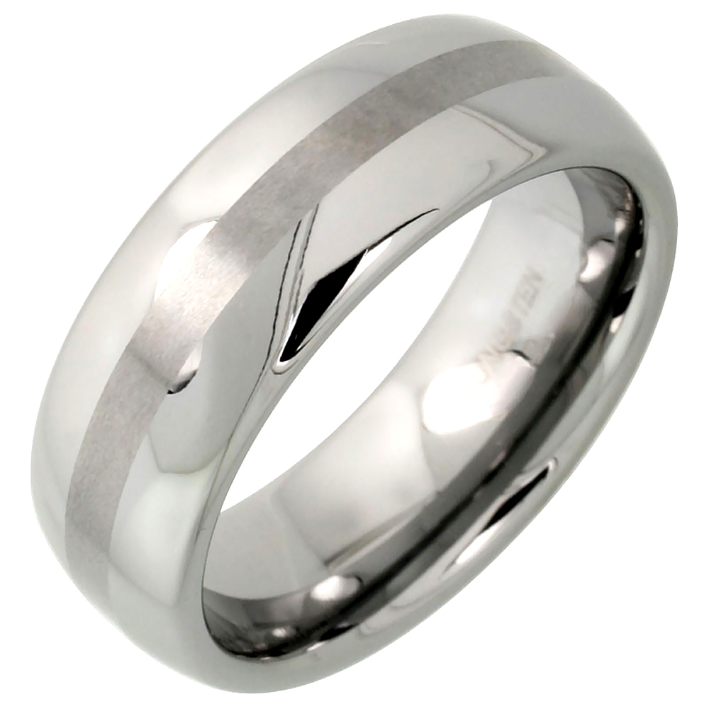 Tungsten Carbide 8 mm Domed Wedding Band Ring Narrow Center Stripe Etching, sizes 7 to 14