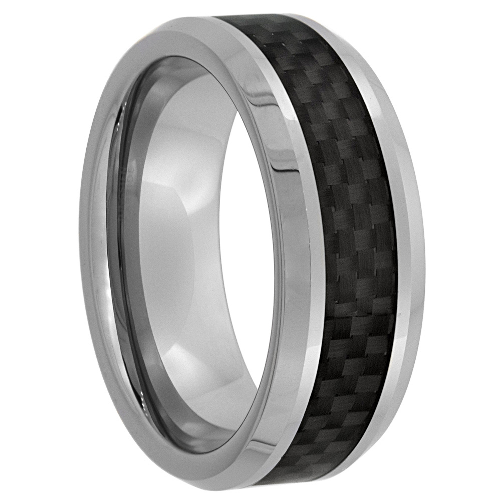 Tungsten Carbide 8 mm Flat Wedding Band Ring Black Carbon Fiber Inlay Beveled Edges, sizes 7 to 14