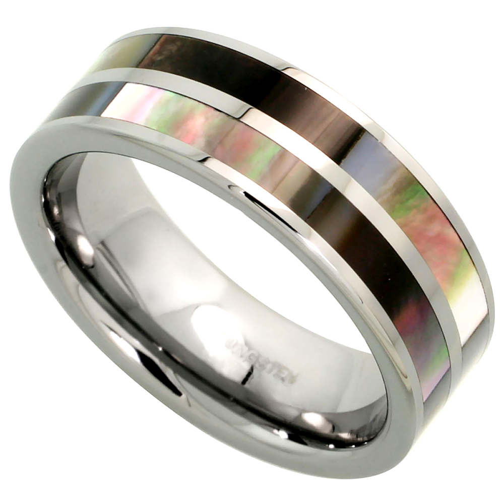Tungsten Carbide 8 mm Flat Wedding Band Ring Inlaid Mother of Pearl Stripes, sizes 7 to 14