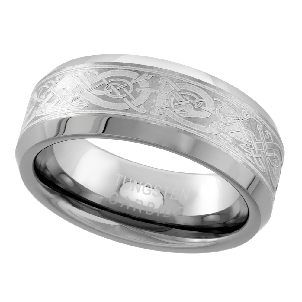 TUNGSTEN CARBIDE 8 MM FLAT WEDDING BAND RING ETCHED CELTIC DRAGON PATTERN BEVELED EDGES SIZES 7 TO 15