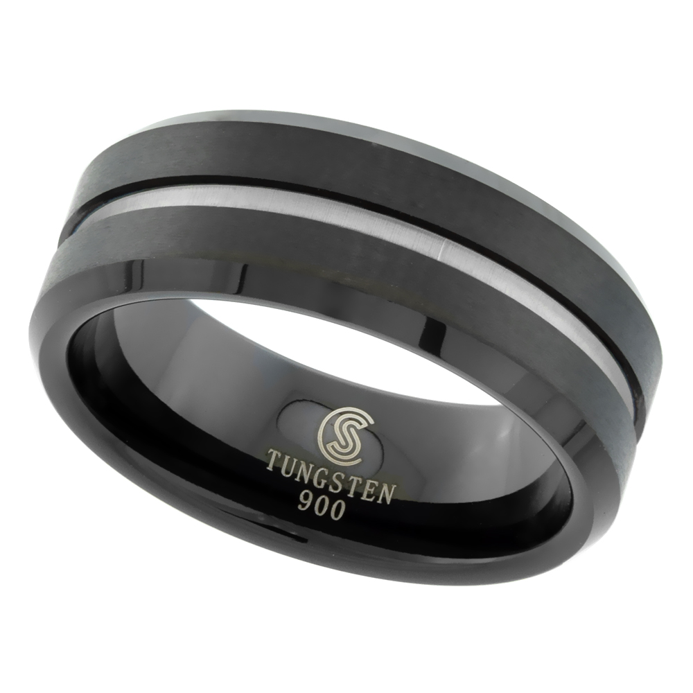 BLACK TUNGSTEN CARBIDE 8 MM FLAT WEDDING BAND RING GROOVED CENTER BRUSHED FINISH BEVELED EDGES SIZES 7 TO 14