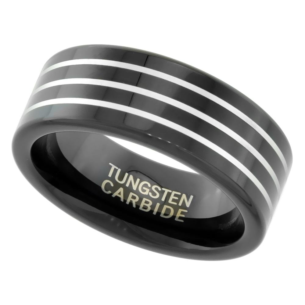 Tungsten Carbide 8 mm Flat Wedding Band Ring Blackened Finish Triple Etched Stripes sizes 7 to 14