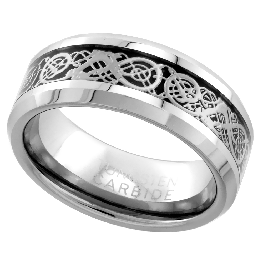 Tungsten Carbide 8 mm Flat Wedding Band Ring Gold Finish Celtic Dragon Inlay Beveled Edges, sizes 9 to 13.5