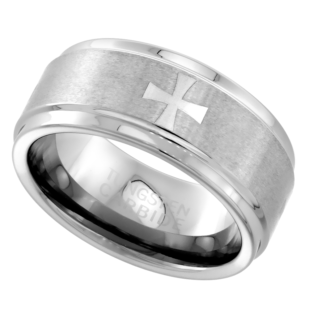 TUNGSTEN CARBIDE 9 MM FLAT WEDDING BAND RING ETCHED MALTESE CROSSES RECESSED EDGES SIZES 7 TO 14