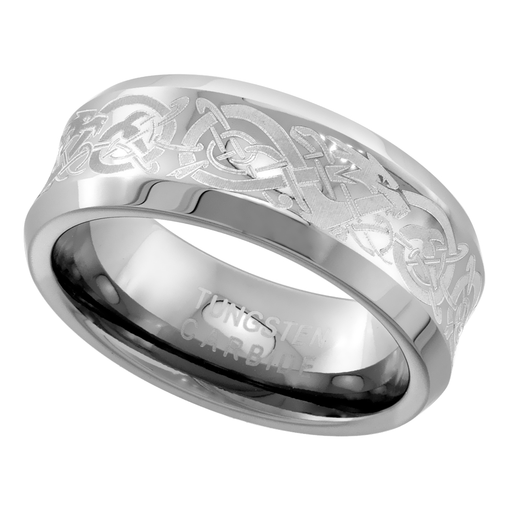 TUNGSTEN CARBIDE 8 MM CONCAVED WEDDING BAND RING ETCHED CELTIC DRAGON PATTERN BEVELED EDGES SIZES 7 TO 14