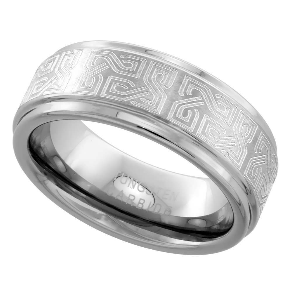 TUNGSTEN CARBIDE 8 MM FLAT WEDDING BAND RING ETCHED CELTIC KNOTS RECESSED EDGES SIZES 7 TO 14