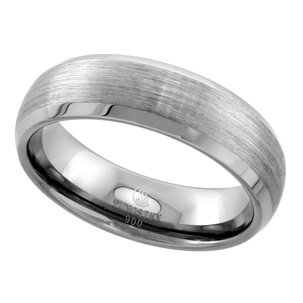 TUNGSTEN CARBIDE 6 MM DOME WEDDING BAND RING SATIN FINISHED MIRROR BEVELED EDGES SIZES 5 TO 12