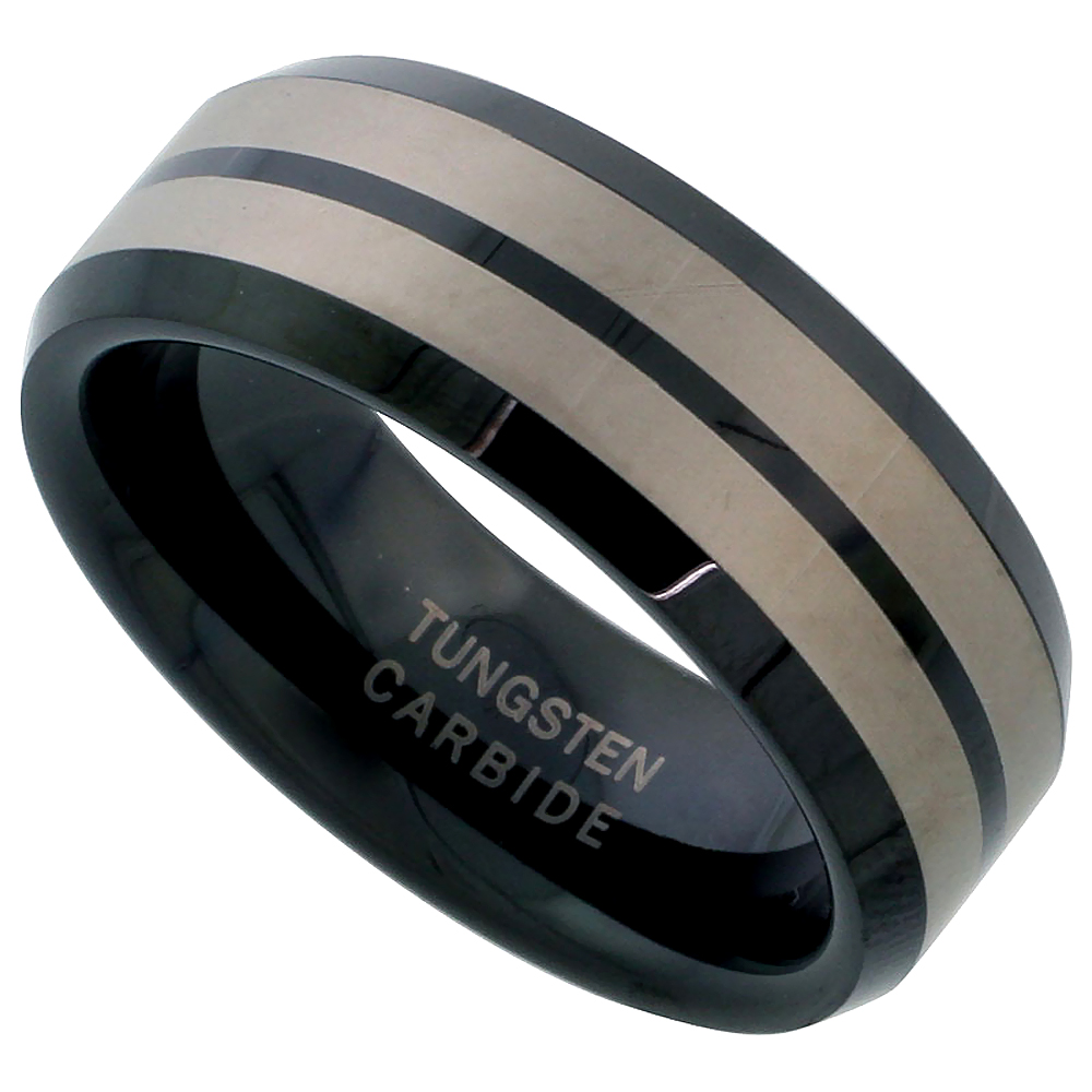 Tungsten Carbide 8 mm Flat Wedding Band Ring Blackened Finish Etched Double Stripes Beveled Edges, sizes 7 to 14