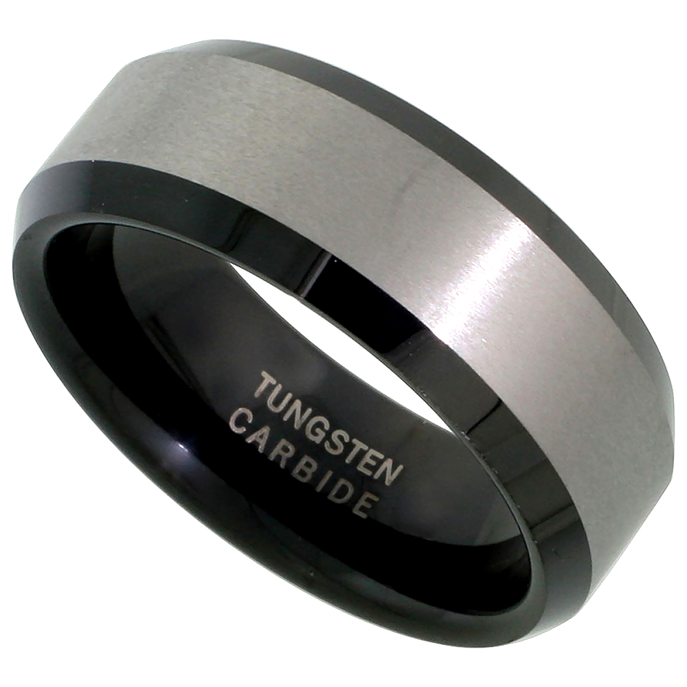 Tungsten Carbide 8 mm Flat Wedding Band Ring Blackened Satin Finish Beveled Edges, sizes 7 to 14