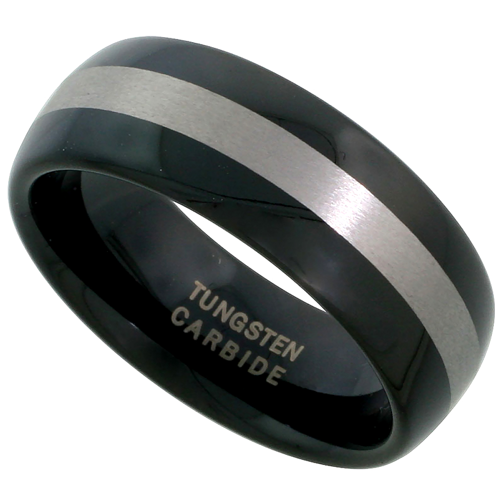 Tungsten Carbide 8 mm Domed Wedding Band Ring Blackened Finish Wide Etched Stripe Center, sizes 7 to 14