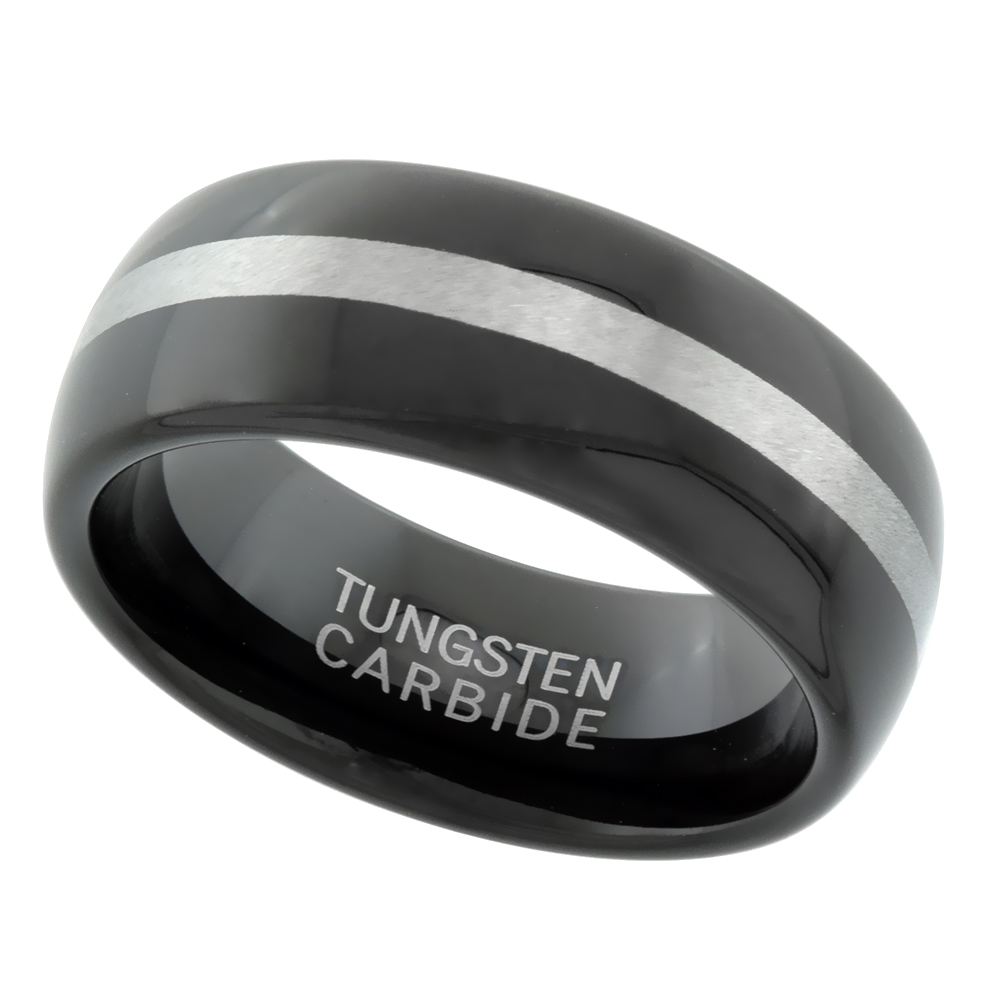 TUNGSTEN CARBIDE 8 MM DOMED WEDDING BAND RING BLACKENED FINISH WIDE ETCHED STRIPE CENTER SIZES 7 TO 14