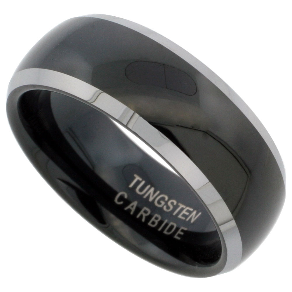 Tungsten Carbide 8 mm Domed Wedding Band Ring Two-tone Black Finish Beveled Edges, sizes 7 to 14