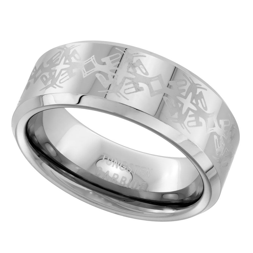 TUNGSTEN CARBIDE 8 MM FLAT WEDDING BAND RING ETCHED FLORAL PATTERN BEVELED EDGES SIZES 7 TO 14