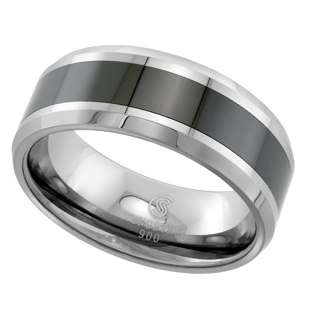 Tungsten Carbide 8 mm Flat Wedding Band Ring Black Ceramic Center Stripe Inlay Beveled Edges sizes 9 to 14