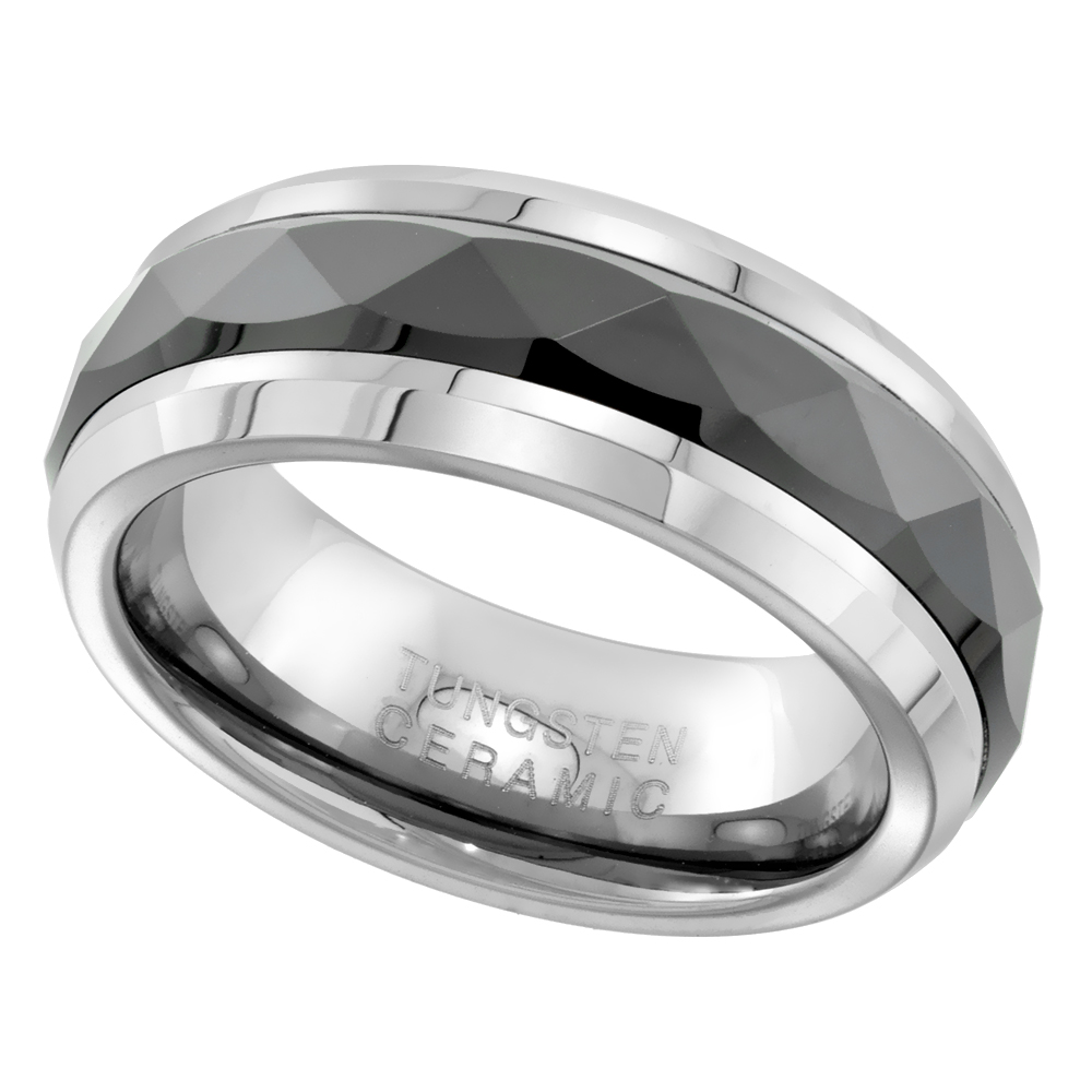 Tungsten Carbide 8 mm Flat Wedding Band Ring Faceted Black Ceramic Center Stripe inlay sizes 9 to 14