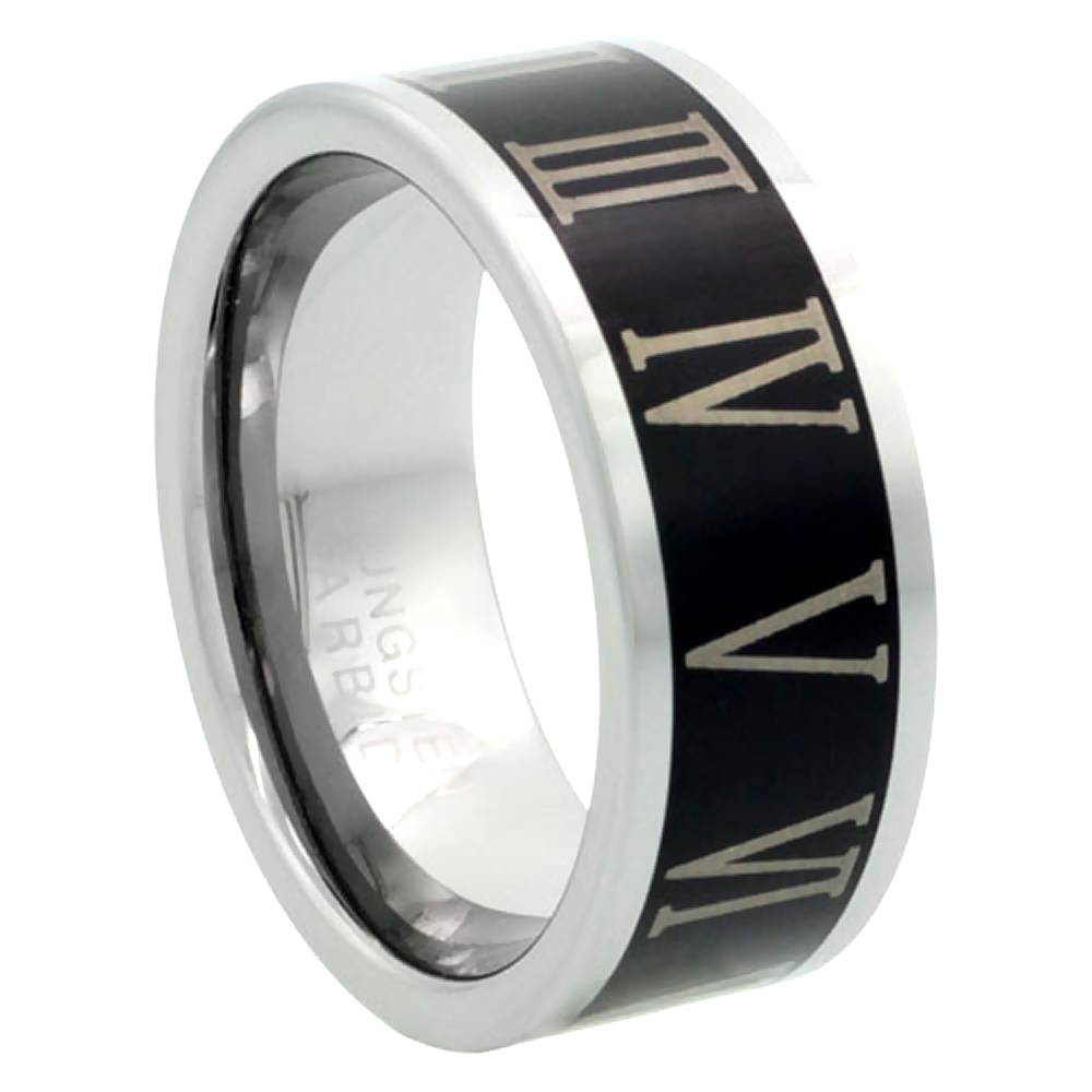 Tungsten Carbide 8 mm Flat Wedding Band Ring Roman Numerals 1-12 Blackened Finish, sizes 9 to 13.5