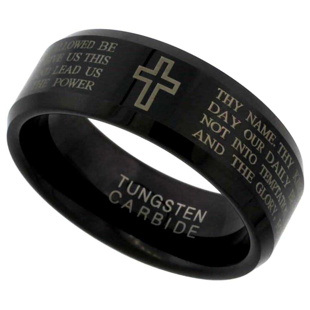 Tungsten Carbide 8 mm Flat Wedding Band Ring Etched Lord&#039;s Prayer Blackened Finish, sizes 9 to 14