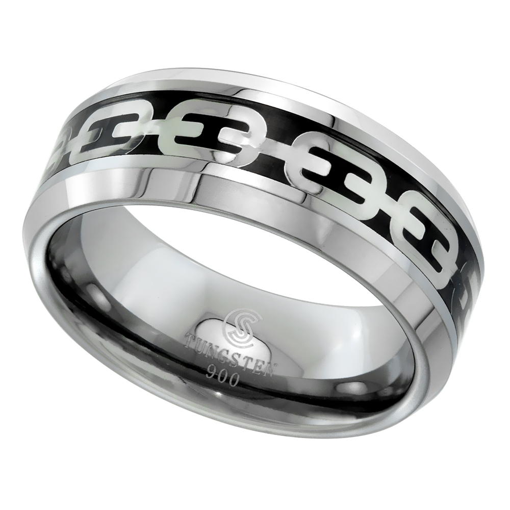 TUNGSTEN CARBIDE 8 MM FLAT WEDDING BAND RING SILVER CHAIN LINK INLAY BEVELED EDGES SIZES 8 TO 13.5