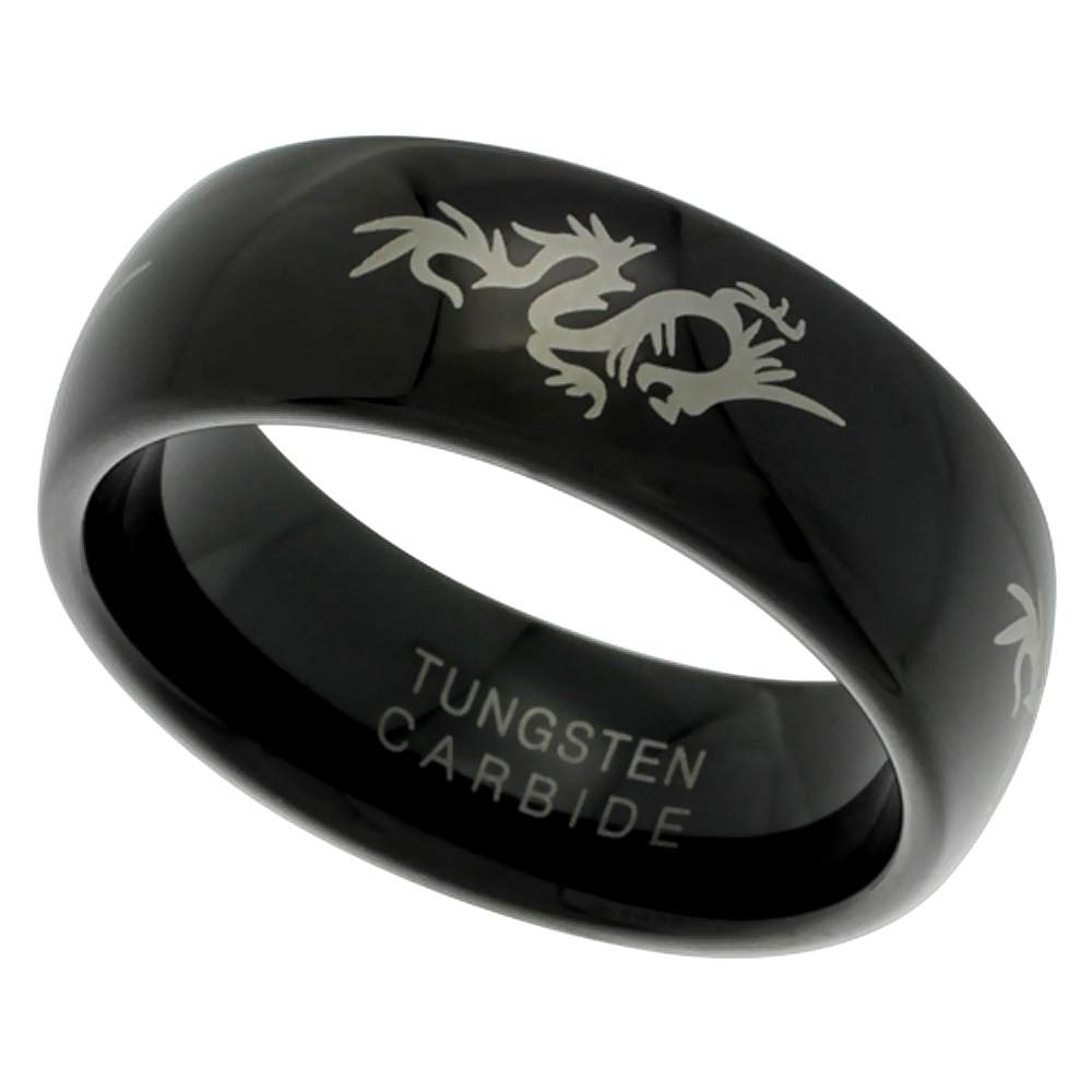BLACK TUNGSTEN CARBIDE 8MM DOMED WEDDING BAND RING CHINESE DRAGON ETCHED SIZES 9 - 12