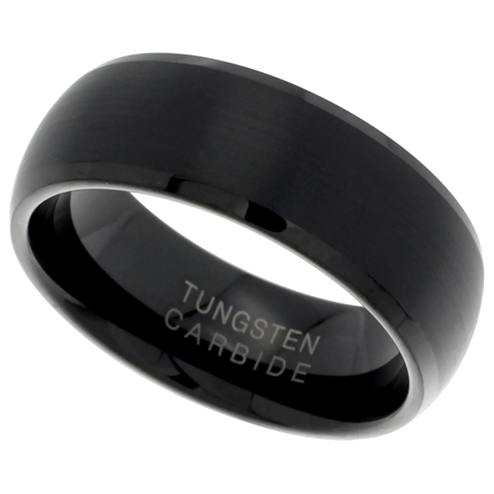 Black Tungsten Carbide 8mm Domed Wedding Band Ring Brushed with Beveled Edges, sizes 9 - 12