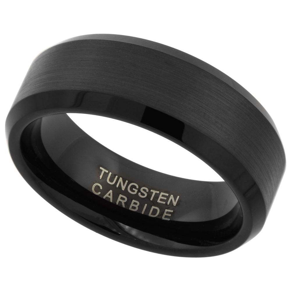 8mm Black Tungsten 900 Wedding Ring Brushed Finish Beveled Edge Comfort fit, sizes 9 - 12