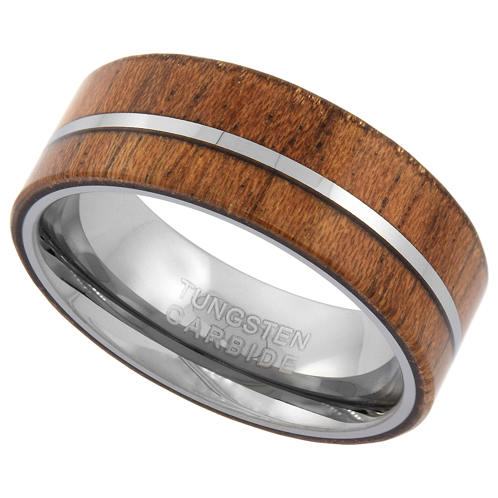 8MM TUNGSTEN CARBIDE WOOD INLAY WEDDING RING CENTER STRIPE COMFORT FIT SIZES 8.5 - 13