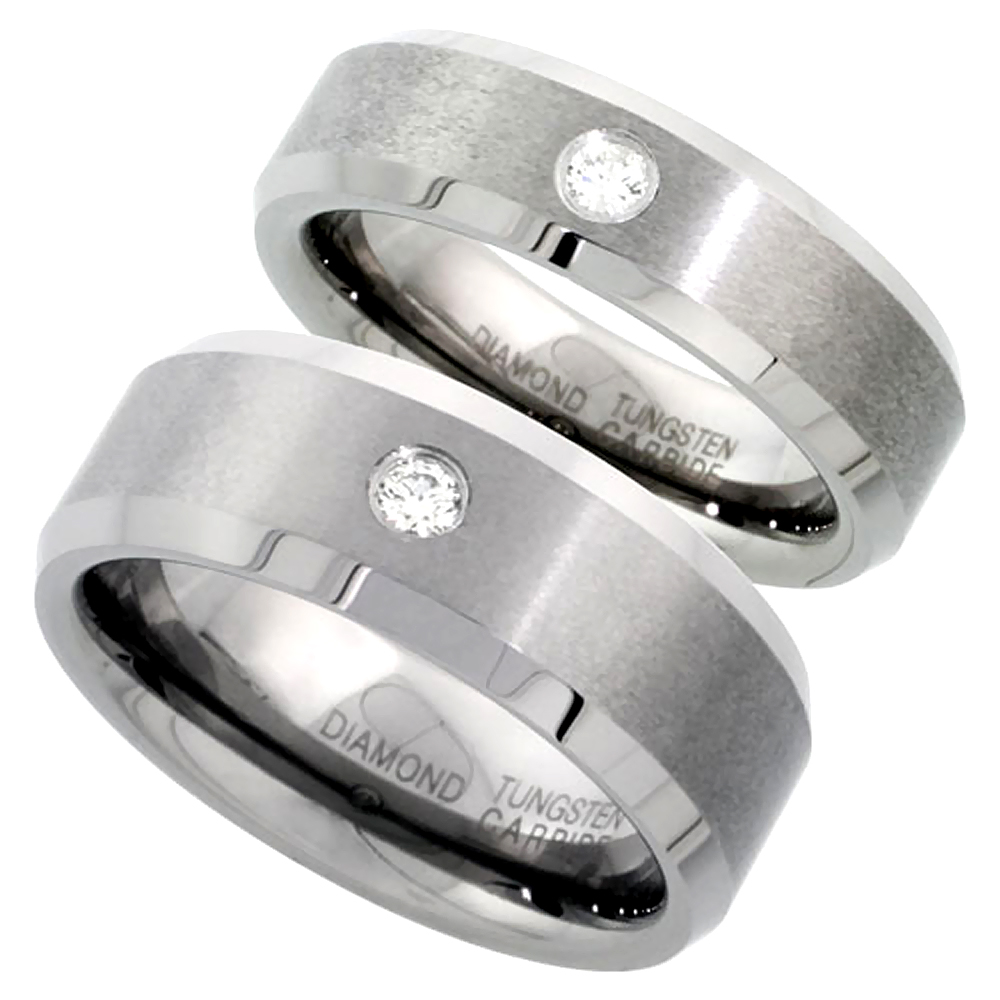 2-Ring Set 8 & 6 mm Tungsten Diamond Wedding Ring for Him & Her Matte Beveled Comfort fit, sizes 5-13