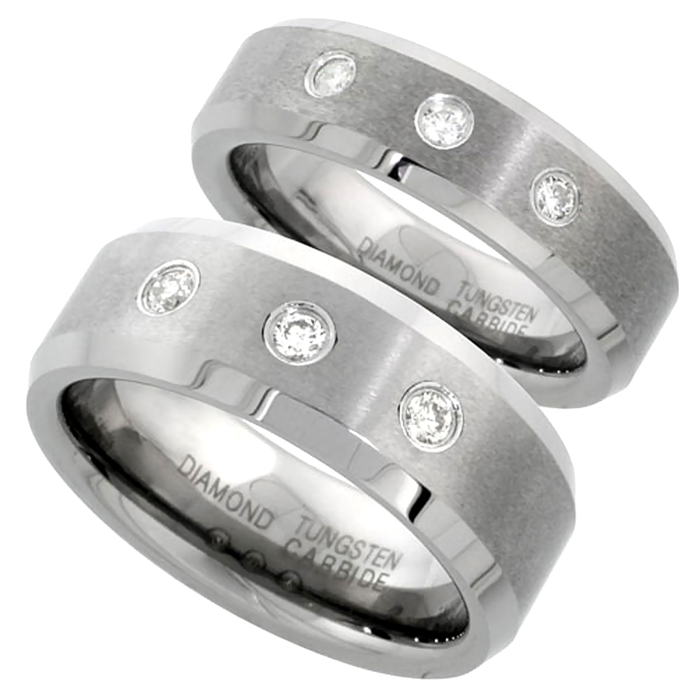 6 &amp; 8 mm Tungsten Diamond Wedding Ring Set for Him and Her 3 stone Matte Beveled Comfort fitsizes 5-13