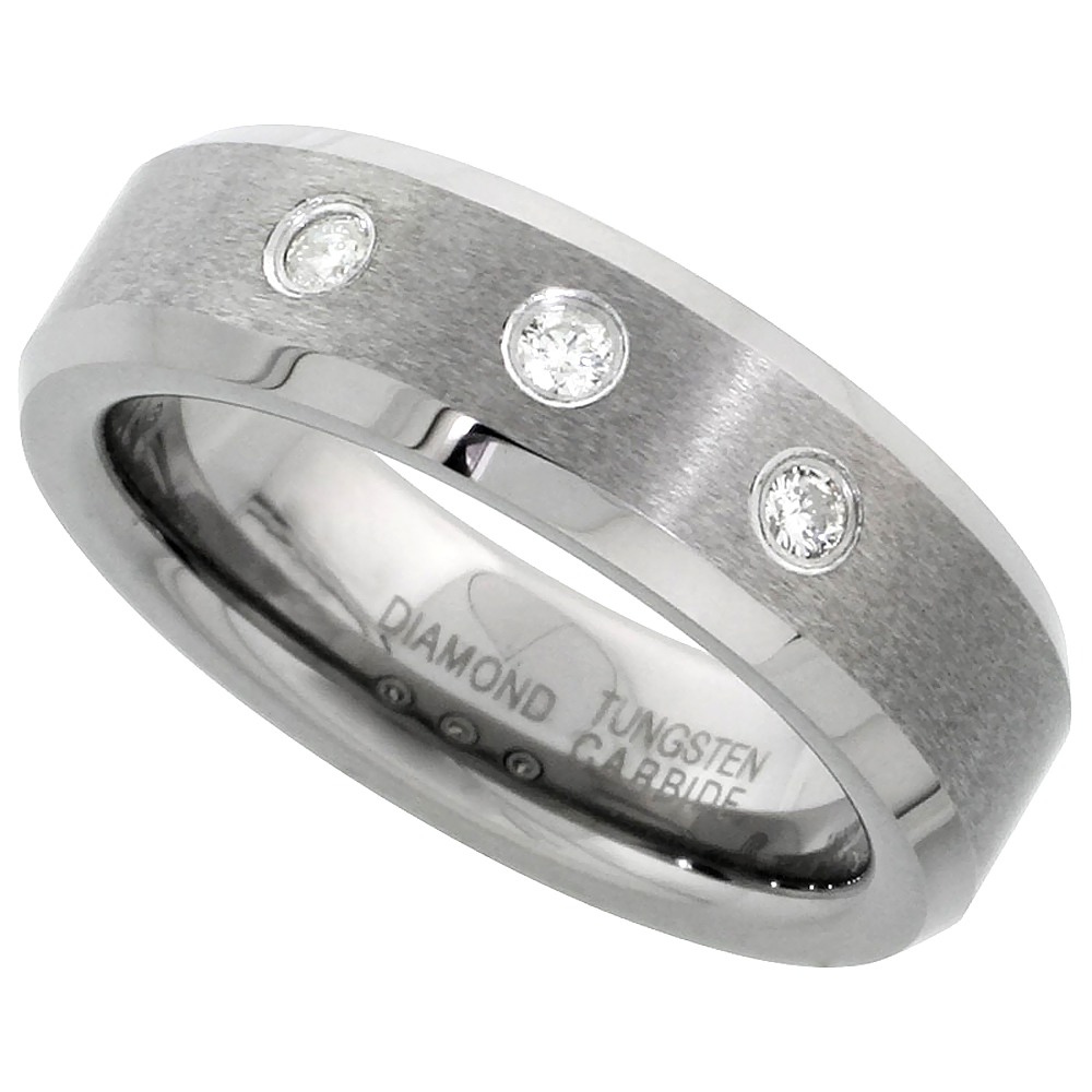 6mm Tungsten Diamond Wedding Ring for Him & Her 3 Stone Matte Beveled Comfort fit, sizes 4-9.5