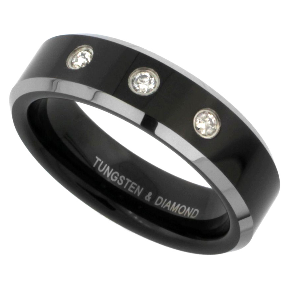 6mm Black Tungsten 3 Stone Diamond Wedding Ring Two-tone Beveled Edges Comfort fit, sizes 4-9.5