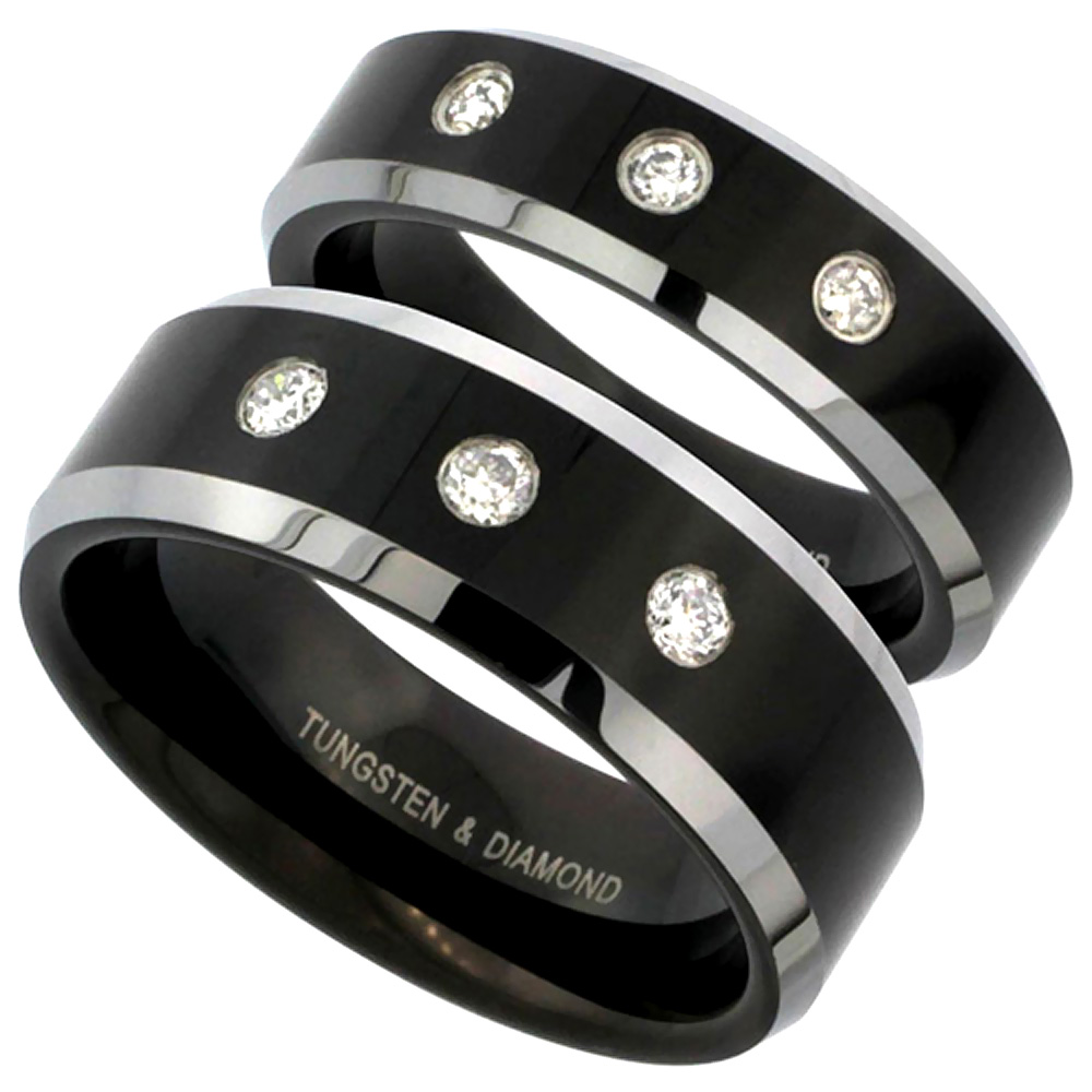2-Ring Set 6 & 8 mm Black Tungsten 3 Stone Diamond Wedding Ring Two-tone Beveled Comfort fit, sizes 5-13