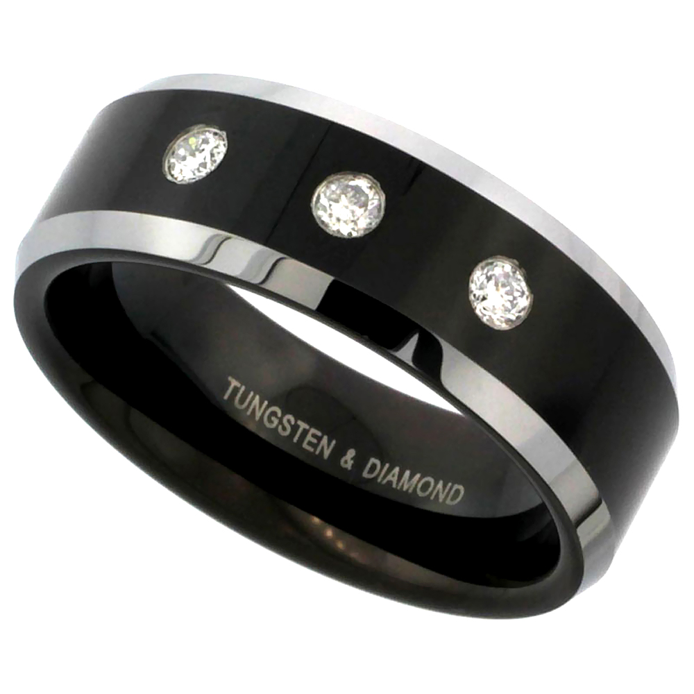 8mm Black Tungsten 3 Stone Diamond Wedding Ring Two-tone Beveled Edges Comfort fit, sizes 8 to 14