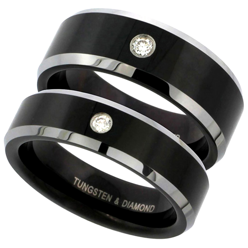 2-Ring Set 6 &amp; 8mm Black Tungsten Diamond Wedding Ring Him &amp; Her Two-tone Beveled Comfort fit, sizes 5-13