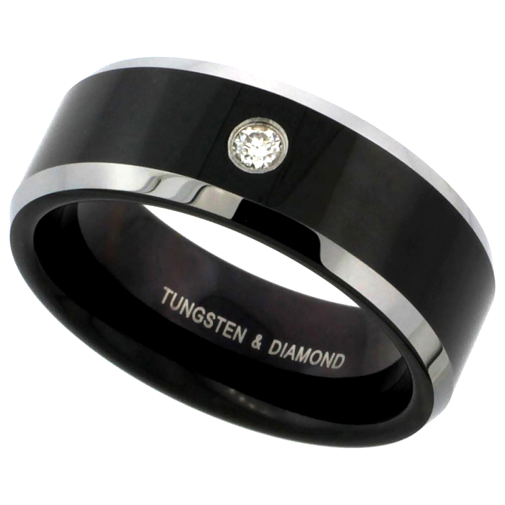 8mm Black Tungsten 900 Diamond Wedding Ring 0.07 cttw Two-tone Beveled Edges Comfort fit, sizes 8 to 13