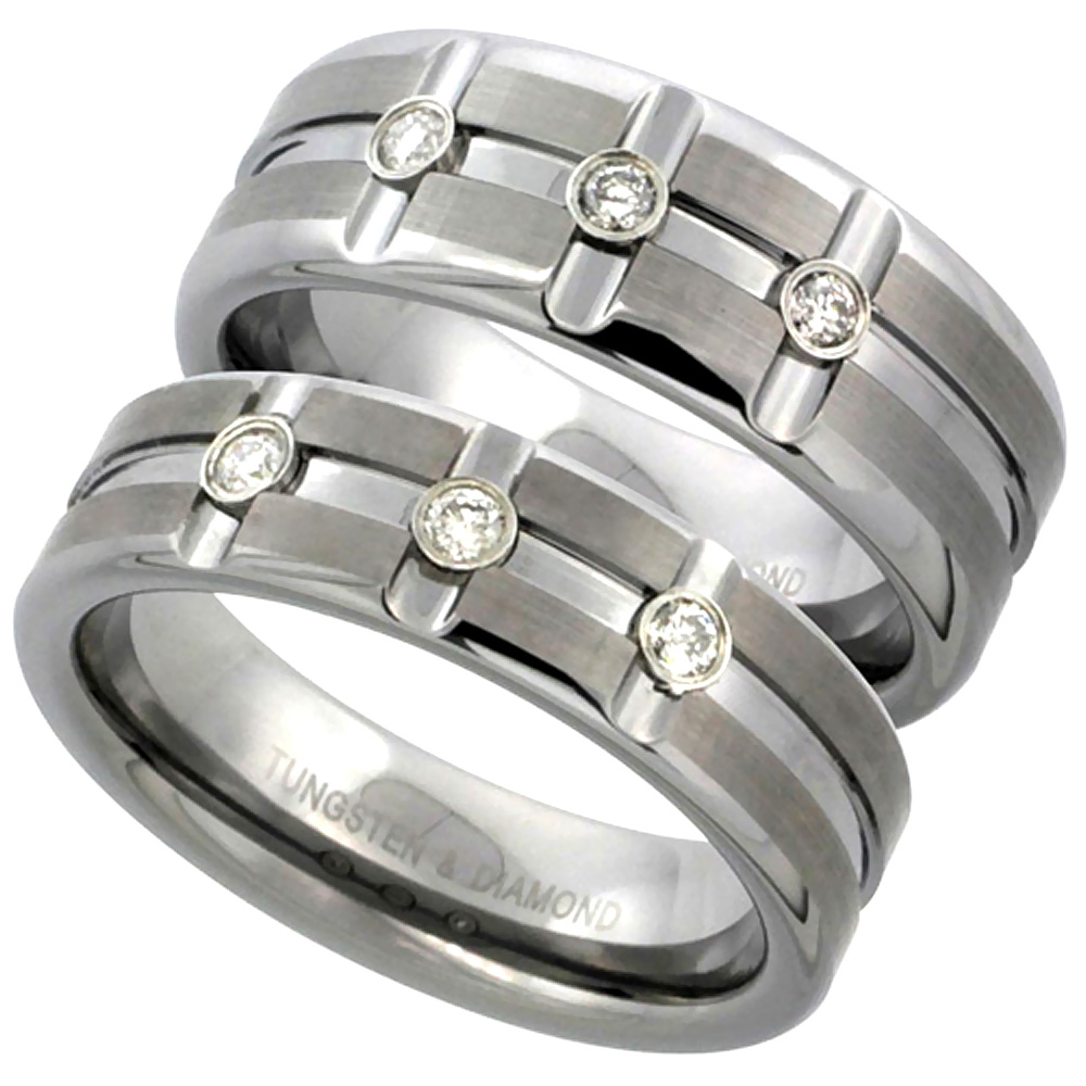 8mm Tungsten 3 Stone Diamond Wedding Ring Horizontal & Vertical Grooves Satined Comfort fit, sizes 8 - 13