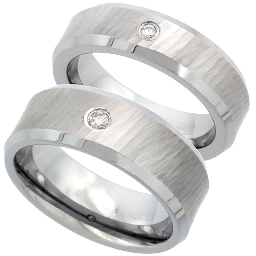 2-Ring Set 6 & 8mm Tungsten Diamond Wedding Ring Him & Her Dazzling Cut Finish Beveled Comfort fit, sizes 5-13