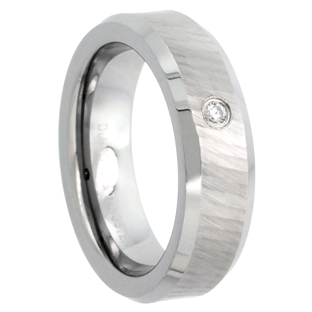 6mm Tungsten Diamond Wedding Ring for Him & Her Dazzling Cut Finish Beveled Comfort fit, sizes 4 to 9.5