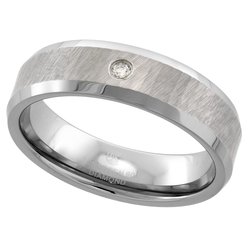 6mm Tungsten Diamond Wedding Ring for Him & Her Dazzling Cut Finish Beveled Comfort fit, sizes 4 to 9.5