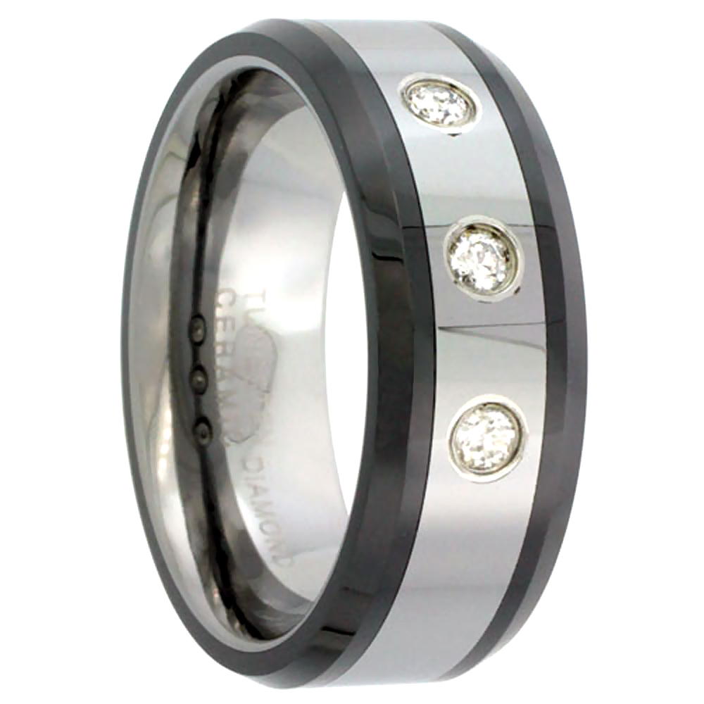 8mm Tungsten 3 Stone Diamond Wedding Ring Beveled Black Ceramic Inlay Edges Comfort fit, sizes 8 to 13