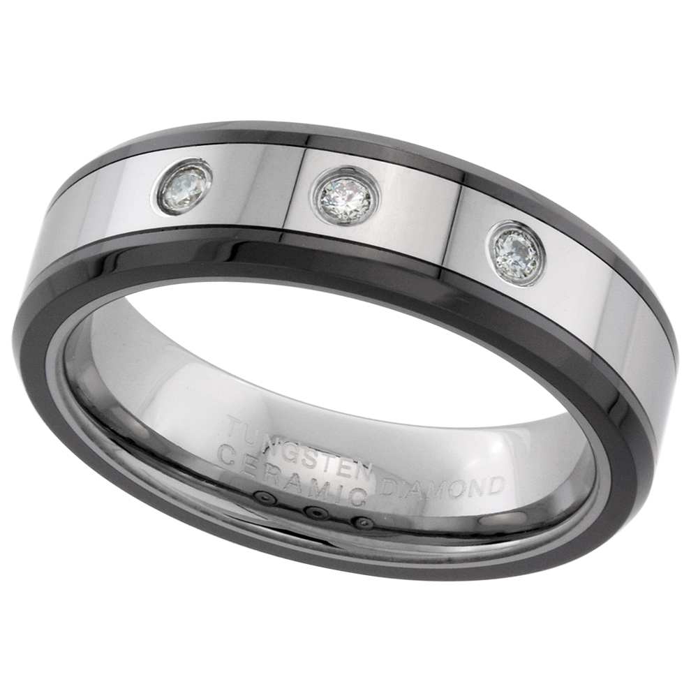 6mm Tungsten 3 Stone Diamond Wedding Ring for Him & Her Beveled Black Ceramic Edges Comfort fit, sizes 5 to 9.5