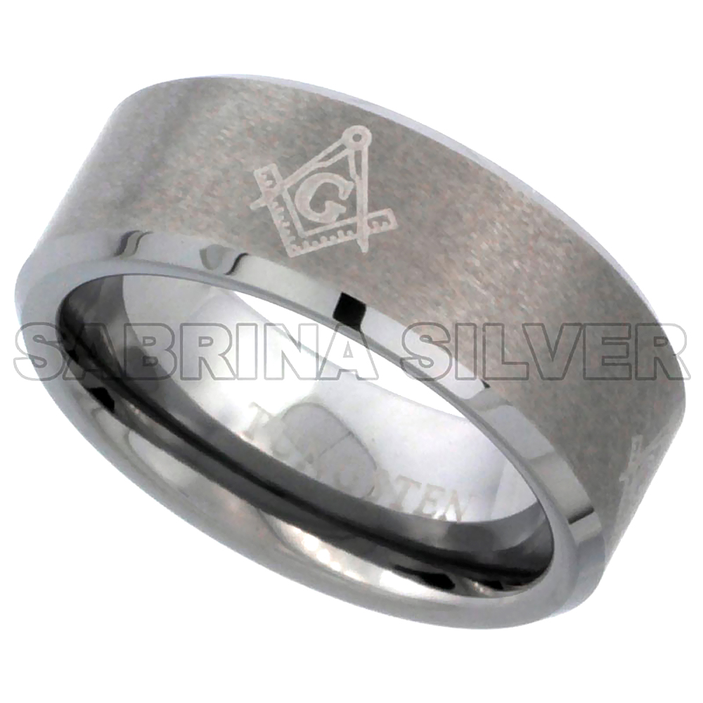 8mm Tungsten 900 Wedding Ring Etched Masonic Symbol Pattern Beveled Edges Brushed Finished Comfort fit, sizes 7 - 14